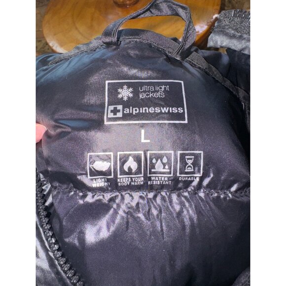 Alpine Swiss Ultra Light Down Puffer Jacket Packable Hood Black Water-Resistant - Picture 6 of 12